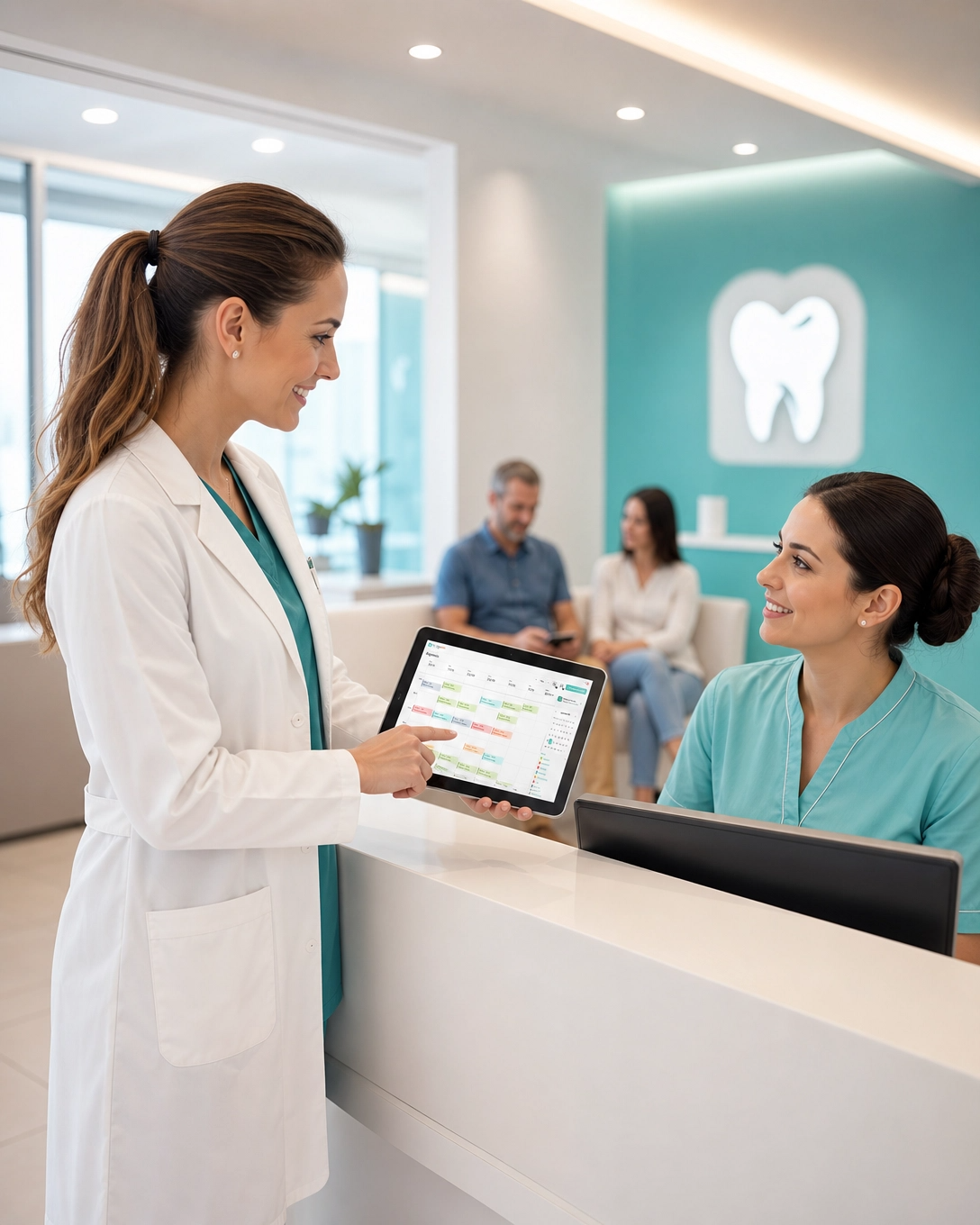 Dentista apresentando o Denteflow na rotina da clínica